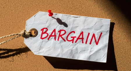 Crumpled white paper tag with the word BARGAIN written in red, attached to a brown surface with a red thumbtack. A rough twine is tied through a grommet on the tag, symbolizing sales and good deals.の素材