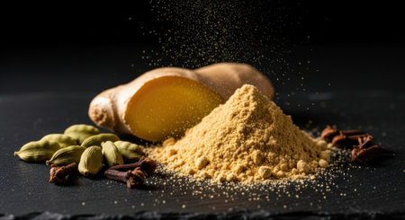 Fresh ginger root and a pile of ground ginger powder with cardamom pods and cloves on a dark surface, with powder sprinkling.の素材