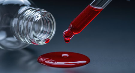 Bright red liquid drips from a glass dropper onto a dark surface, with an empty glass bottle nearby, illustrating a scientific experiment or chemical analysis.の素材