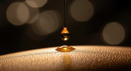 A golden, viscous liquid drop falls onto a textured surface, possibly skin, highlighting concepts of hydration, beauty, and natural oil application.の素材