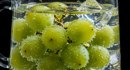 Close up of vibrant green grapes submerged in sparkling water with numerous bubbles and ice cubes in a clear glass pitcher, offering a refreshing view.の素材