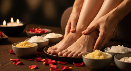 Woman feet receiving a relaxing spa treatment, with hands applying product, surrounded by bowls of natural salts, scrubs, and rose petals on a dark wooden surface with warm candlelight.の素材