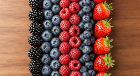 Fresh blackberries, blueberries, raspberries, and strawberries neatly arranged in vertical rows on a wooden surface, viewed from directly above.の素材