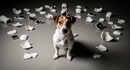 A small Jack Russell Terrier dog sits on a grey floor, looking directly at the camera, surrounded by numerous broken pieces of white ceramic. The scene suggests a domestic accident or pet mischief.の素材