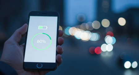 Man hand holding a smartphone displaying a bright screen with a battery charging indicator at 80% against a blurred city lights background. Focus on mobile technology, power, and connectivity.の素材