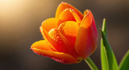 A close up of a single vibrant orange tulip with delicate water droplets on its petals, unfurling gently in soft sunlight. A green leaf is visible beside the bloom.の素材