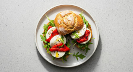 Gourmet sandwich with artisanal bread, fresh mozzarella, roasted red pepper, and arugula, drizzled with olive oil and black pepper on a white plate. Top view.の素材