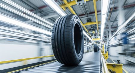 A freshly manufactured car tire moves along a conveyor belt in a modern automotive factory, highlighting industrial production and automation.の素材