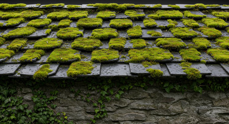 Close up view of an ancient slate roof heavily covered with vibrant green moss and water droplets, above a weathered stone wall with climbing ivy.の素材