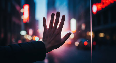 A human hand presses against a transparent surface, backlit by blurred city lights at night, creating a sense of an invisible barrier or connection in an urban environment.の素材