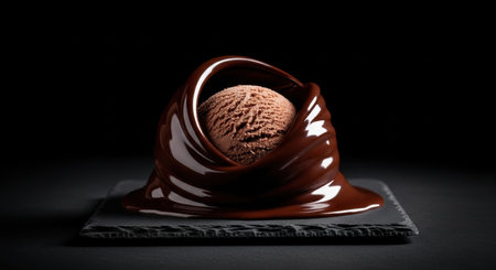 A rich chocolate ice cream scoop is dramatically enveloped by a swirling wave of melted dark chocolate sauce, presented on a dark slate board.の素材