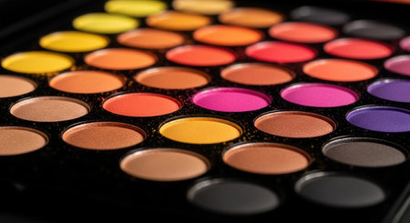 A close up view of a vibrant makeup eyeshadow palette featuring numerous circular pans filled with a wide range of bright and colorful shades, perfect for beauty and cosmetic applications.の素材
