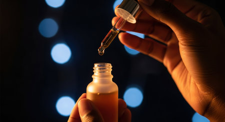Dark skinned hands hold a frosted glass dropper bottle with amber liquid, as a single drop falls from the pipette. Illuminated by warm light with blue bokeh in the background.の素材