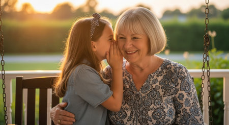 Young girl whispering a secret to her smiling grandmother on a porch swing during a warm sunset. This moment highlights intergenerational connection and shared happiness.の素材
