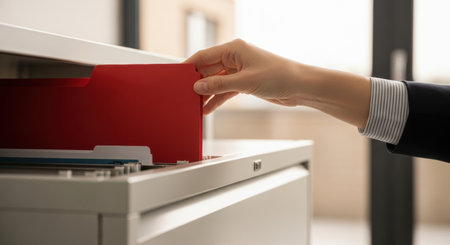 A woman hand places a vibrant red file into a grey metal filing cabinet drawer, symbolizing organization and document management in an office setting.の素材