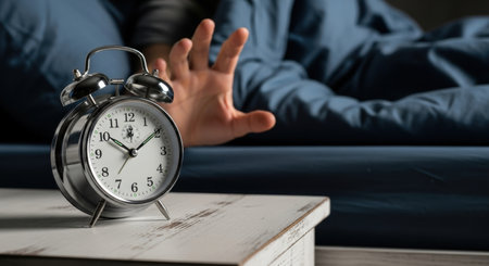 A silver alarm clock rings loudly on a nightstand as a hand reaches out from under a blue duvet to turn it off, depicting a morning wake up routine.の素材