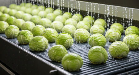 Small green cabbages moving on a metal conveyor belt under streams of water, illustrating the washing process in a food production facility for fresh produce.の素材