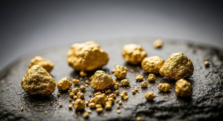 Rough gold nuggets and smaller gold particles are scattered across a dark, textured surface, highlighting the precious metal natural form and value.の素材