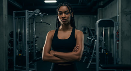 A young Black woman with braided hair stands confidently with crossed arms in a modern gym. She wears a black sports bra, embodying strength and dedication to fitness and a healthy lifestyle.の素材