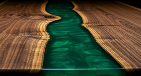 Close up of a live edge walnut wood table with an emerald green resin river flowing through its center, showcasing a highly polished surface and dramatic lighting.の素材