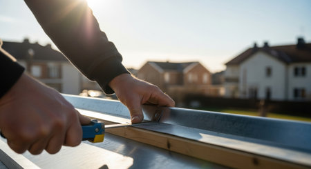 Close up of a construction worker hands carefully measuring and cutting a metal sheet with a tool, set against a bright outdoor background with residential houses.の素材