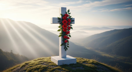 White stone cross adorned with vibrant red roses and green leaves, standing on a grassy hilltop overlooking a serene mountain valley bathed in golden sun rays.の素材