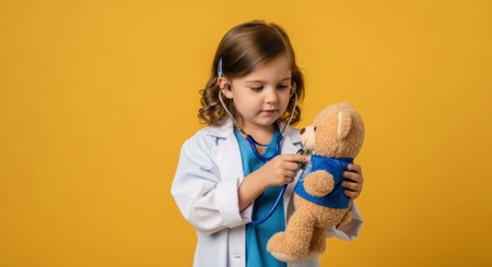 A cute young girl dressed in a white doctor coat and blue scrubs, playing with a teddy bear and using a stethoscope, pretending to be a doctor. She is focused on her patient, showcasing childhood imagination and future aspirations.の素材