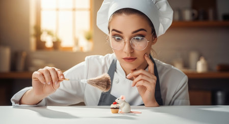A young woman chef with a bewildered expression observes a tiny mouse figurine beside a miniature cupcake, holding a small brush.の素材