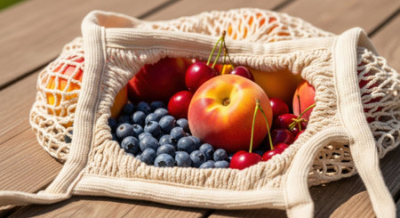 A close up of a woven mesh bag overflowing with vibrant, ripe summer fruits including blueberries, peaches, and cherries, resting on a wooden surface in bright sunlight.の素材