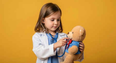 A young girl in a white doctor coat and blue scrubs uses a stethoscope to examine a teddy bear, simulating a medical check up. This playful scene highlights childhood imagination.の素材