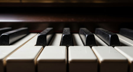 Close up low angle view of a vintage piano keyboard with black and white keys, showing dust and wear, illuminated by a dramatic light.の素材