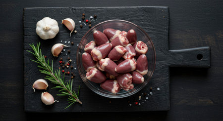 Raw chicken hearts in a glass bowl on a dark wooden cutting board, surrounded by fresh garlic, rosemary, peppercorns, and salt, ready for cooking.の素材