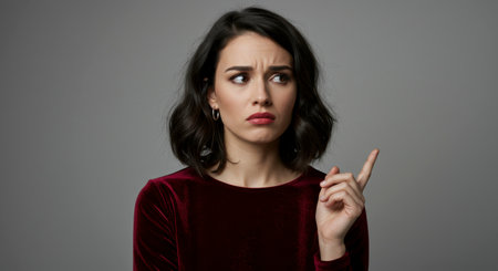 A young woman with dark, wavy hair and a red velvet top looks away with a skeptical or questioning expression, pointing her finger upwards.の素材