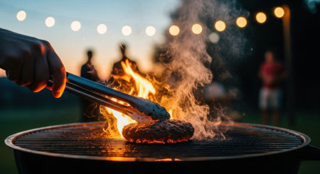 Hand using tongs to flip a sizzling hamburger patty on a hot grill with flames and smoke. Outdoor evening barbecue scene with blurred string lights and people in the background.の素材