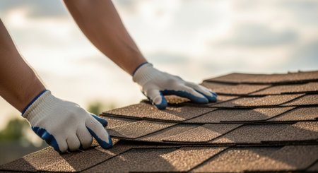A close up view of a roofer hands wearing white and blue work gloves, carefully installing brown asphalt shingles on a residential roof under a bright sky.の素材