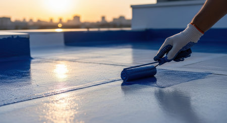 Gloved hand applying blue liquid waterproofing coating with a paint roller on a building rooftop at sunset, with a city skyline in the background. This process ensures durable surface protection.の素材