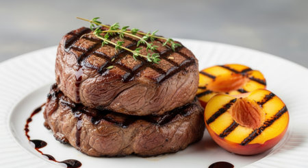 Two perfectly grilled beef steaks, stacked and garnished with fresh thyme, are served on a white plate alongside caramelized grilled peach halves and a rich balsamic glaze drizzle.の素材
