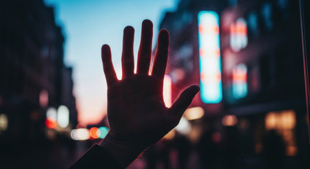 A human hand silhouetted against a blurry urban cityscape at dusk, with vibrant bokeh lights creating an invisible barrier effect. The scene captures a sense of separation and connection in a modern city environment.の素材