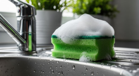 Bright green kitchen sponge covered in white soap suds resting on a wet stainless steel sink with water droplets. Represents household cleaning and dishwashing.の素材