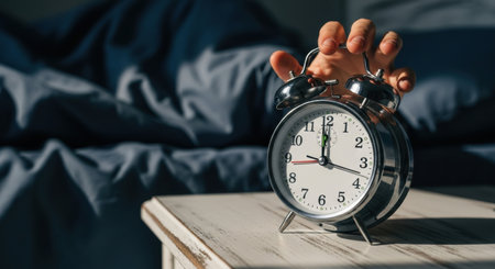 A hand reaches out to turn off a classic silver alarm clock on a nightstand, signaling the start of a new day and morning routine.の素材