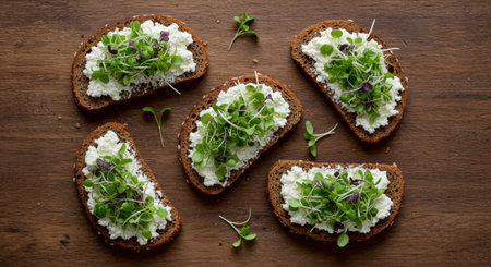 Overhead view of five open faced sandwiches on dark rye bread, generously spread with soft cheese and garnished with fresh green microgreens on a wooden surface.の素材
