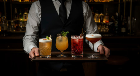 Bartender in a vest holding a wooden tray with four diverse cocktails in an upscale, dimly lit bar. The drinks feature various colors and garnishes, ready for service.の素材