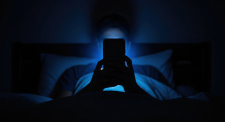 A person lies in bed at night, illuminated by the bright blue light of a smartphone screen. The dark room emphasizes the isolation and late night use of digital devices, highlighting concepts of screen time and sleep disruption.の素材