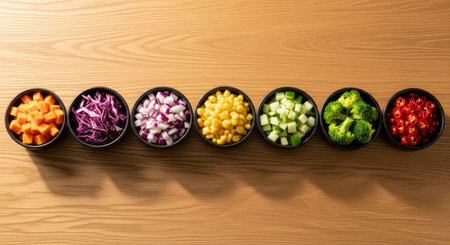Seven black bowls filled with a colorful assortment of chopped vegetables, including carrots, red cabbage, red onion, corn, cucumber, broccoli, and red chili peppers, neatly arranged in a line on a light wooden surface.の素材