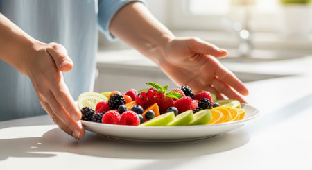 A woman hands gently present a vibrant plate filled with a colorful assortment of fresh berries and sliced fruits, including raspberries, blueberries, blackberries, oranges, and green apples, promoting healthy eating and natural nutrition.の素材