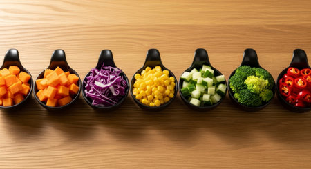 Colorful chopped vegetables in black ceramic bowls arranged in a line on a light wooden surface, including carrots, red cabbage, corn, cucumber, broccoli, and red chili. Fresh ingredients for healthy cooking.の素材