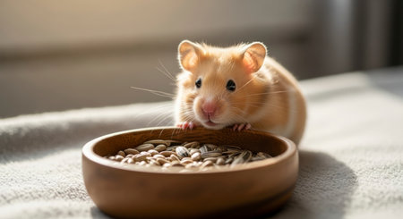 A fluffy golden hamster cautiously peeks over the edge of a wooden bowl filled with sunflower seeds and other grains, illuminated by soft natural light.の素材