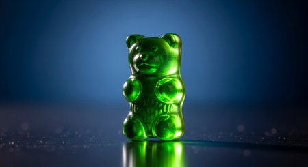 A single vibrant green gummy bear stands upright on a reflective dark surface with a deep blue background, showcasing its translucent texture and bright color.の素材