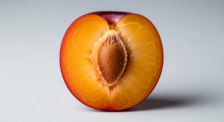 A high detail studio photograph of a ripe plum cut precisely in half, revealing the brown pit nestled within its vibrant orange and red flesh. The fruit is fresh and juicy, presented on a clean white background.の素材