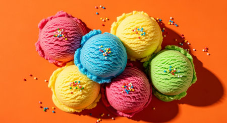 Vibrant scoops of colorful ice cream, including pink, blue, yellow, and green, adorned with colorful sprinkles, arranged on a bright orange surface from a top down perspective.の素材